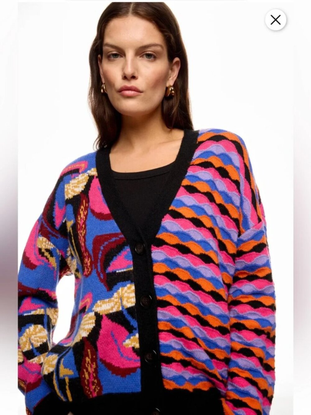 FARM RIO Mixed Mushroom Sweater Knit multi print whimsical Cardigan V neck SM LG